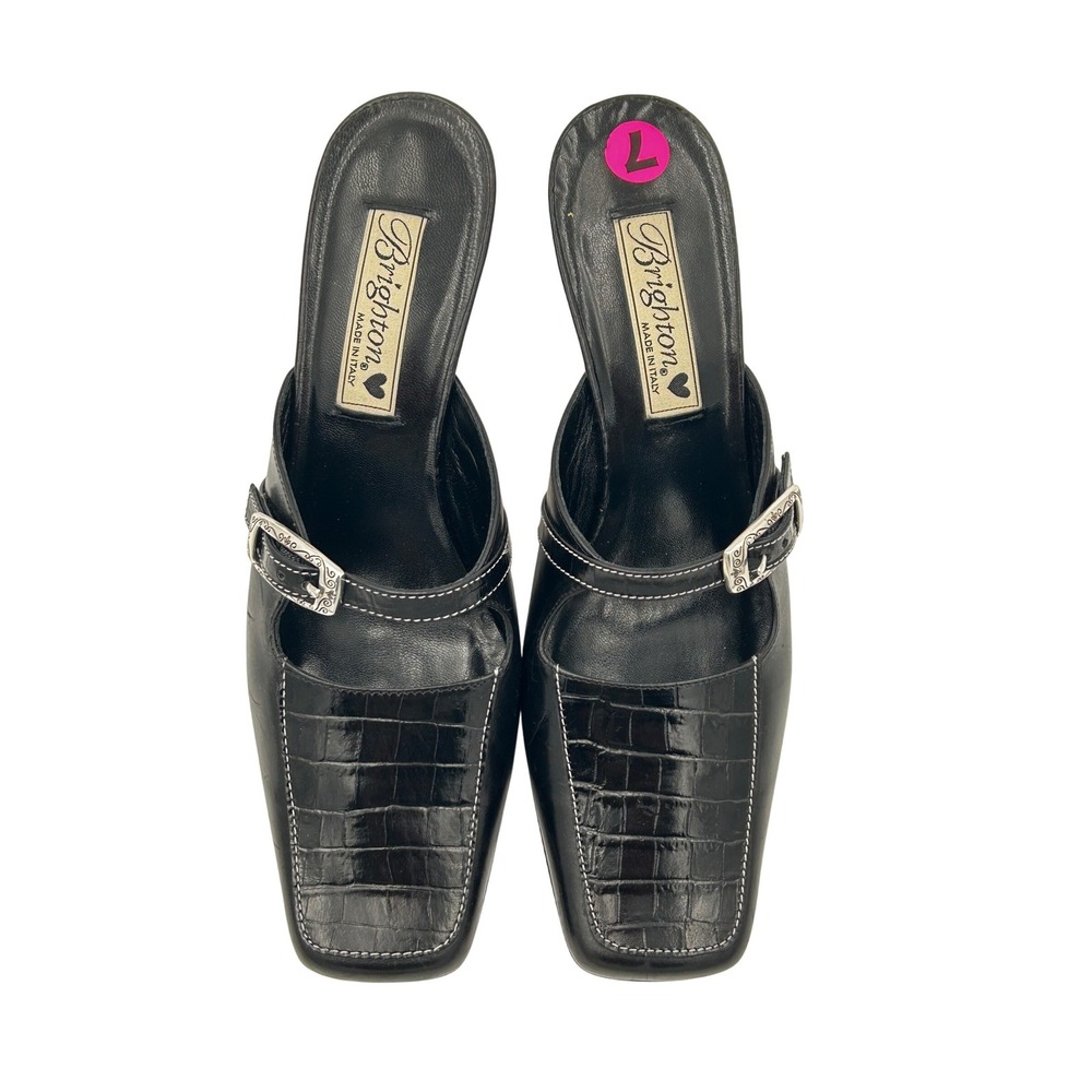 Brighton Tanner Women 7.5M Black Leather Croc-Embossed Mules Heels Made in Italy